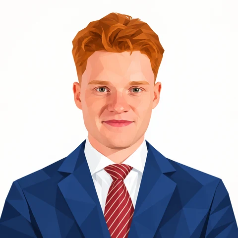Illustrated portrait of Max: red hair, blue suit, red striped tie
